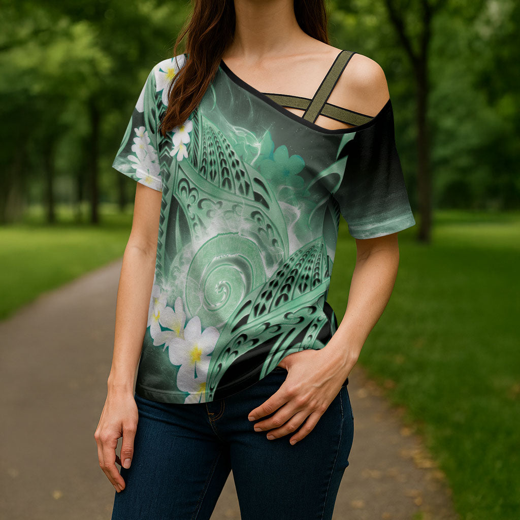Piko Hawaiian Cross Shoulder Shirt Green Galaxy Spiral Plumeria Tribal Patterns DT05 - Polynesian Pride