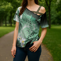 Piko Hawaiian Cross Shoulder Shirt Green Galaxy Spiral Plumeria Tribal Patterns DT05 - Polynesian Pride