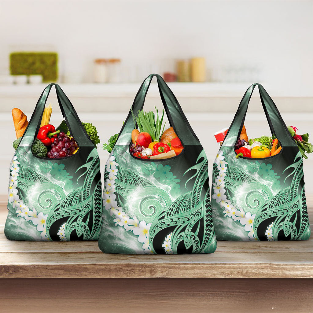 Piko Hawaiian Grocery Bag Green Galaxy Spiral Plumeria Tribal Patterns DT05 3-pack One Size Green - Polynesian Pride