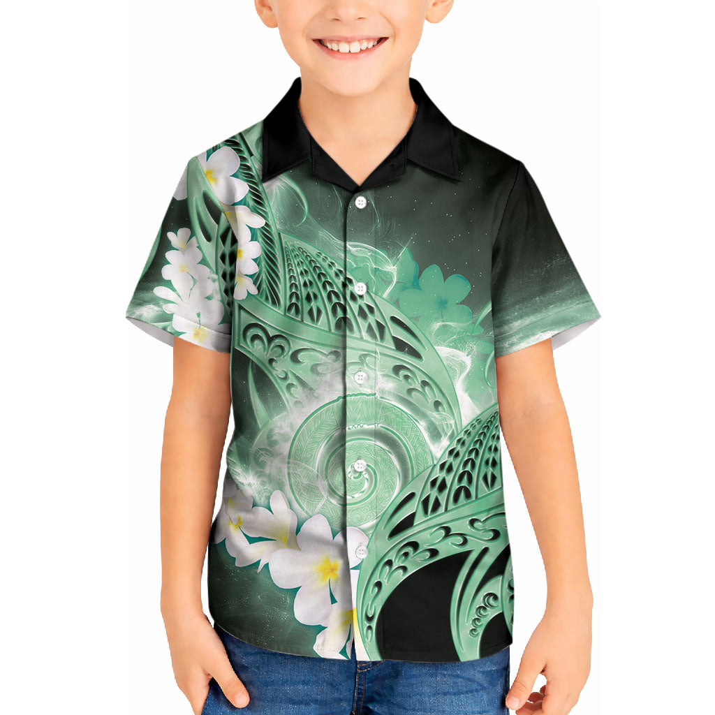 Piko Hawaiian Kid Hawaiian Shirt Green Galaxy Spiral Plumeria Tribal Patterns DT05 Kid Green - Polynesian Pride