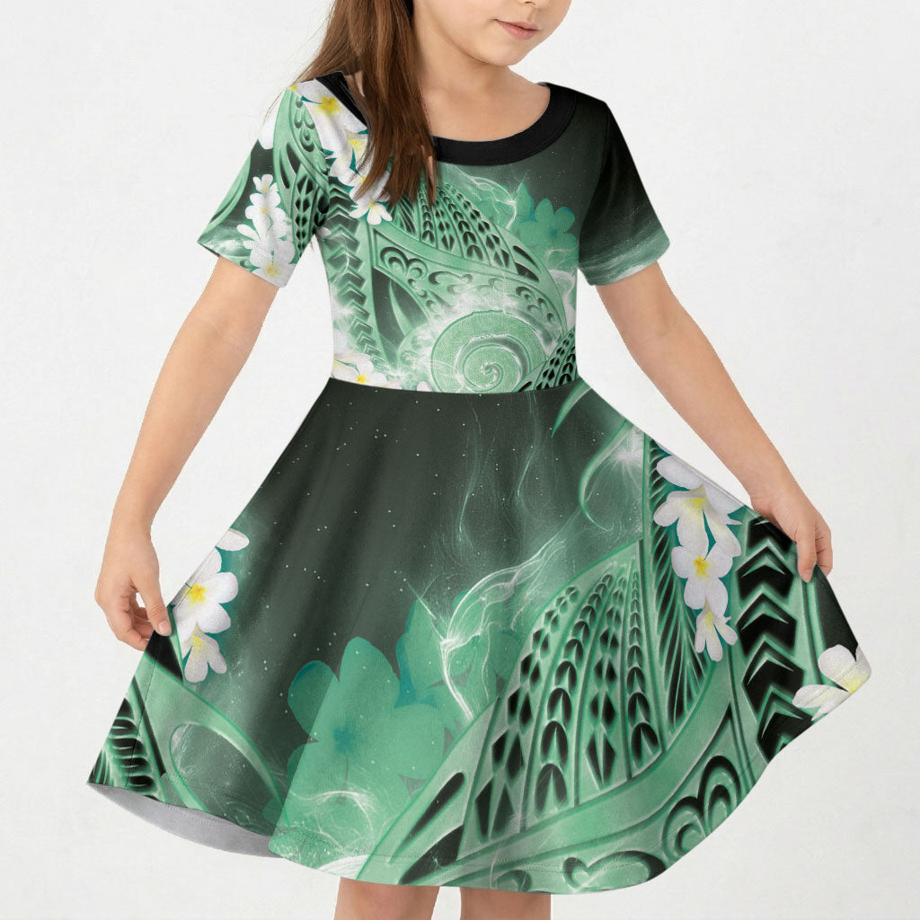 Piko Hawaiian Kid Short Sleeve Dress Green Galaxy Spiral Plumeria Tribal Patterns DT05 KID Green - Polynesian Pride