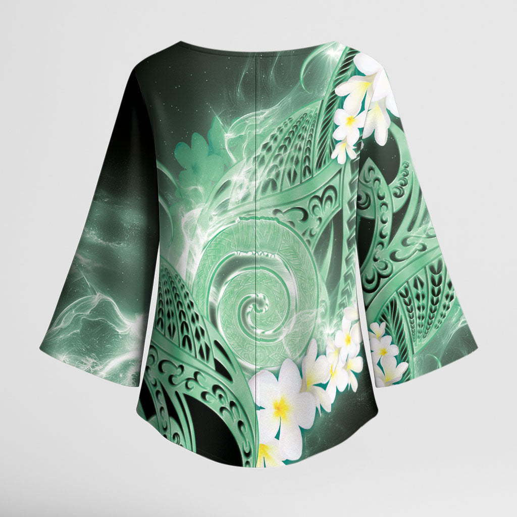 Piko Hawaiian Kimono Sleeve Blouse Green Galaxy Spiral Plumeria Tribal Patterns DT05 - Polynesian Pride