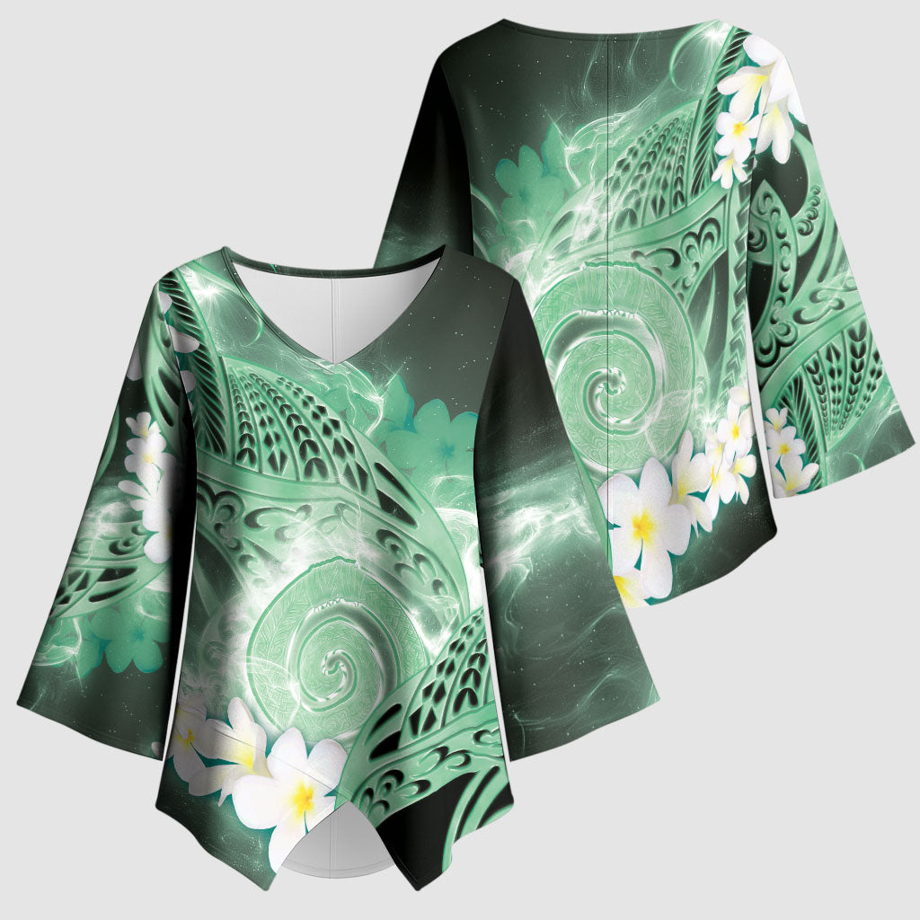 Piko Hawaiian Kimono Sleeve Blouse Green Galaxy Spiral Plumeria Tribal Patterns DT05 - Polynesian Pride