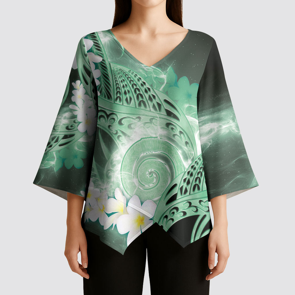 Piko Hawaiian Kimono Sleeve Blouse Green Galaxy Spiral Plumeria Tribal Patterns DT05 - Polynesian Pride