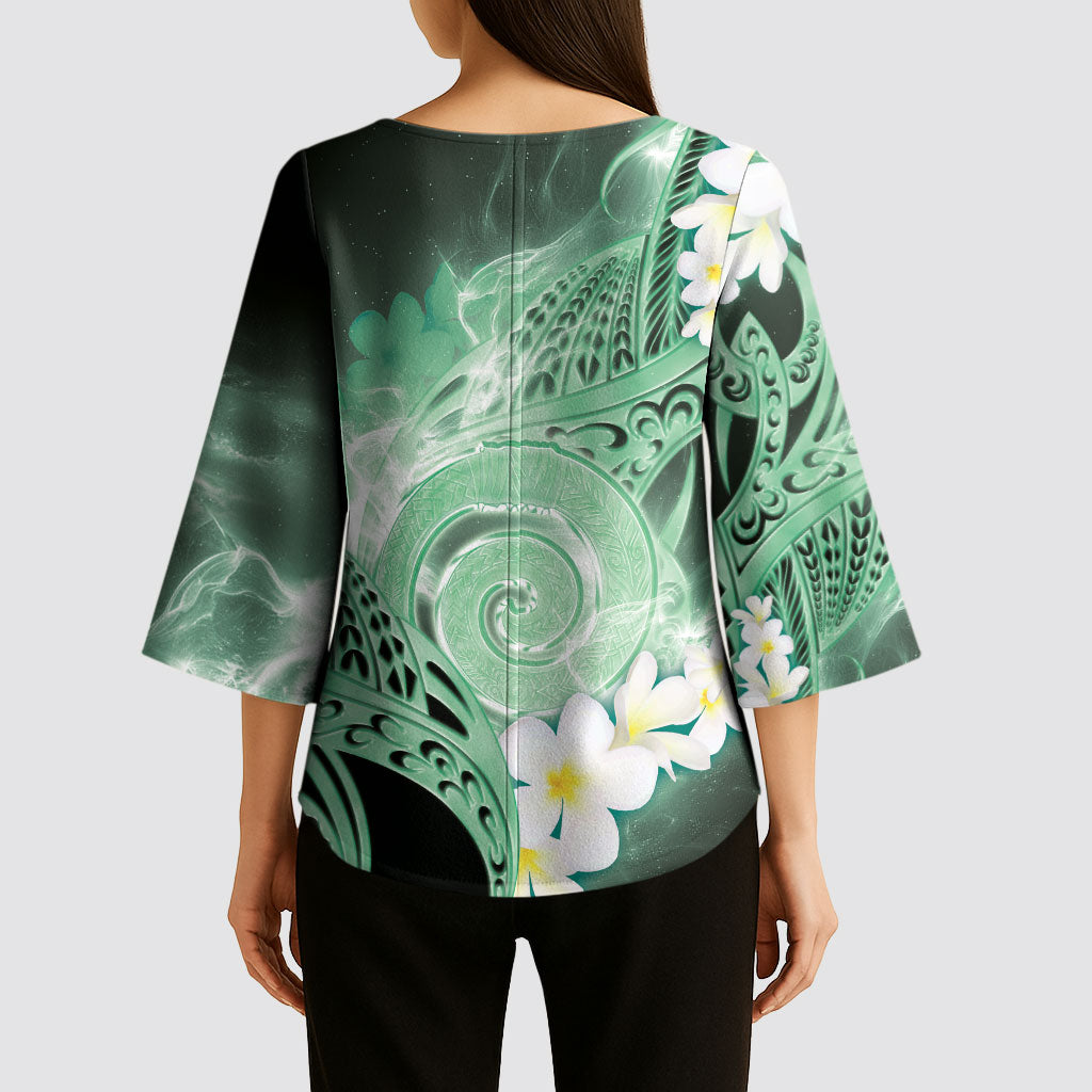 Piko Hawaiian Kimono Sleeve Blouse Green Galaxy Spiral Plumeria Tribal Patterns DT05 - Polynesian Pride