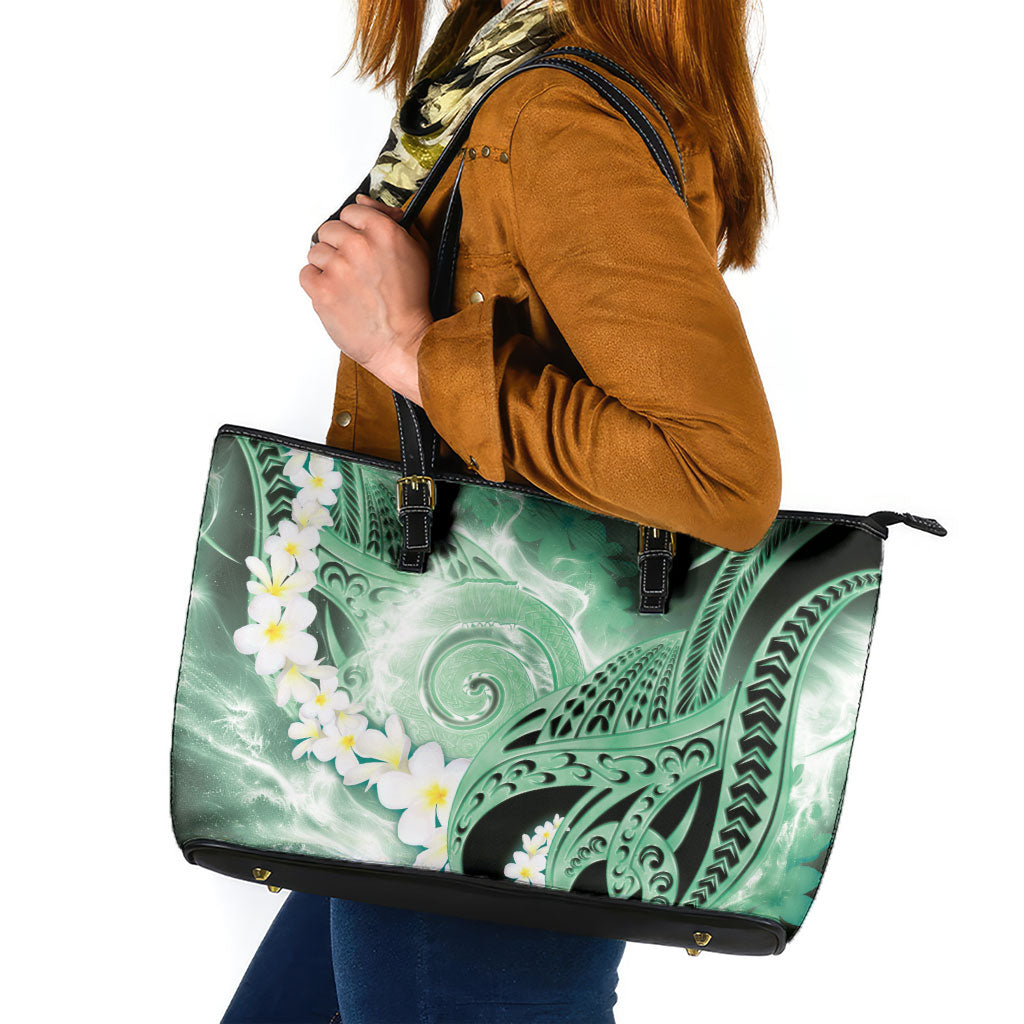 Piko Hawaiian Leather Tote Bag Green Galaxy Spiral Plumeria Tribal Patterns DT05 Green - Polynesian Pride