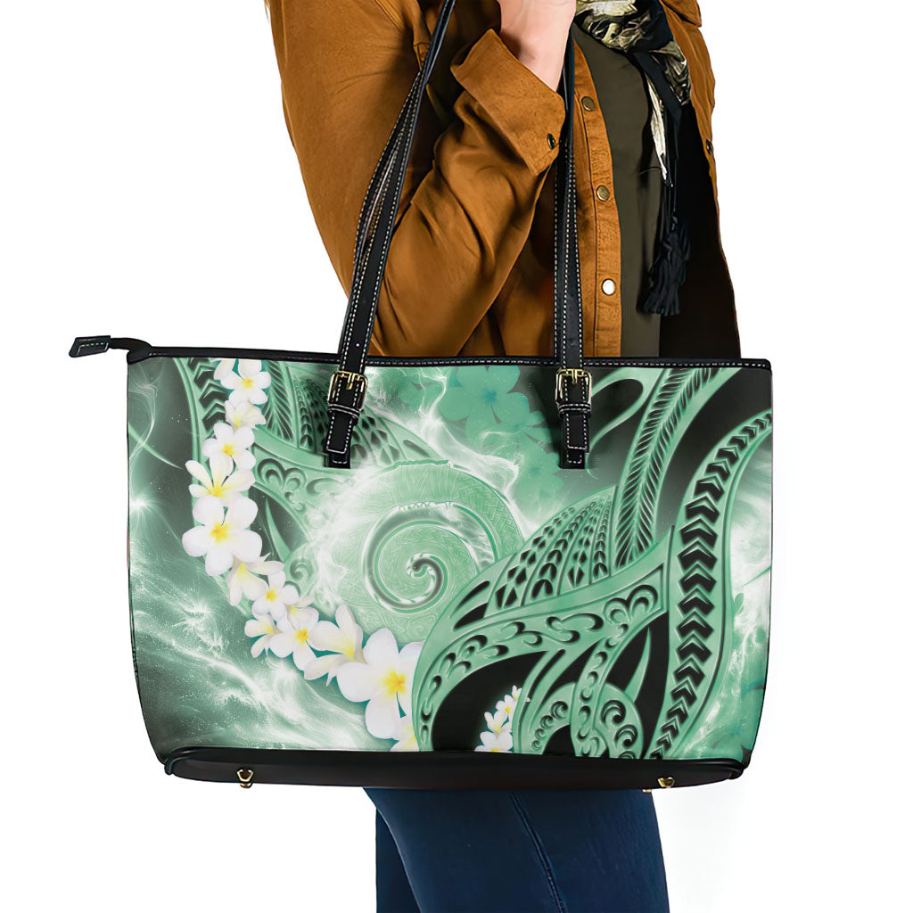 Piko Hawaiian Leather Tote Bag Green Galaxy Spiral Plumeria Tribal Patterns DT05 - Polynesian Pride