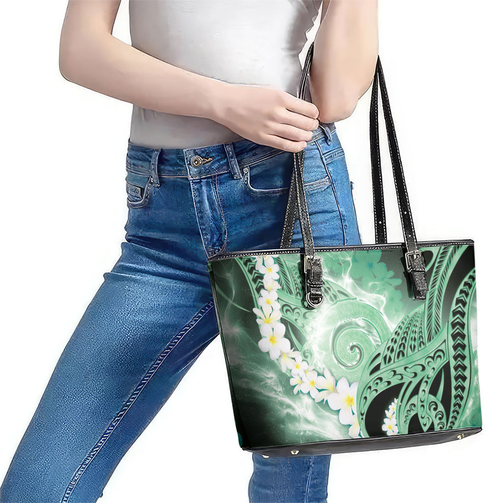 Piko Hawaiian Leather Tote Bag Green Galaxy Spiral Plumeria Tribal Patterns DT05 - Polynesian Pride