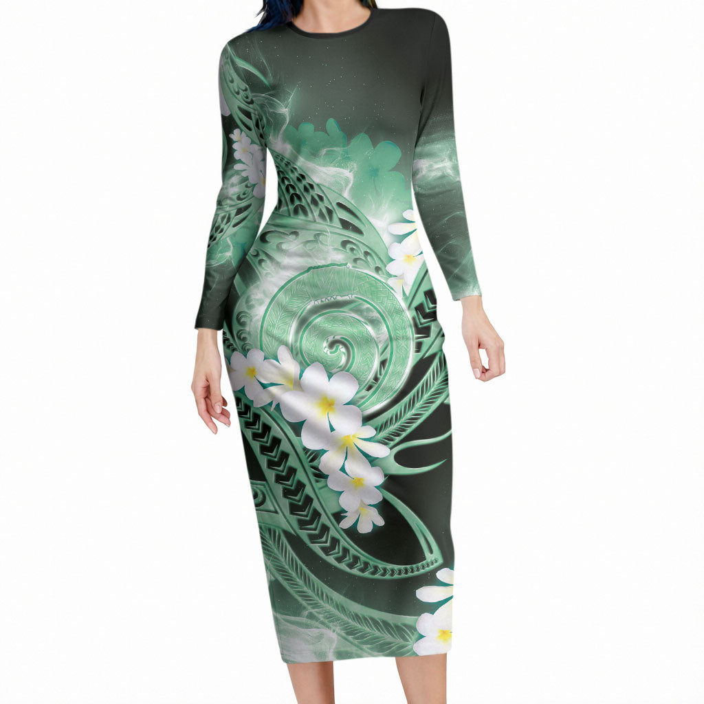 Piko Hawaiian Long Sleeve Bodycon Dress Green Galaxy Spiral Plumeria Tribal Patterns DT05 Long Dress Green - Polynesian Pride