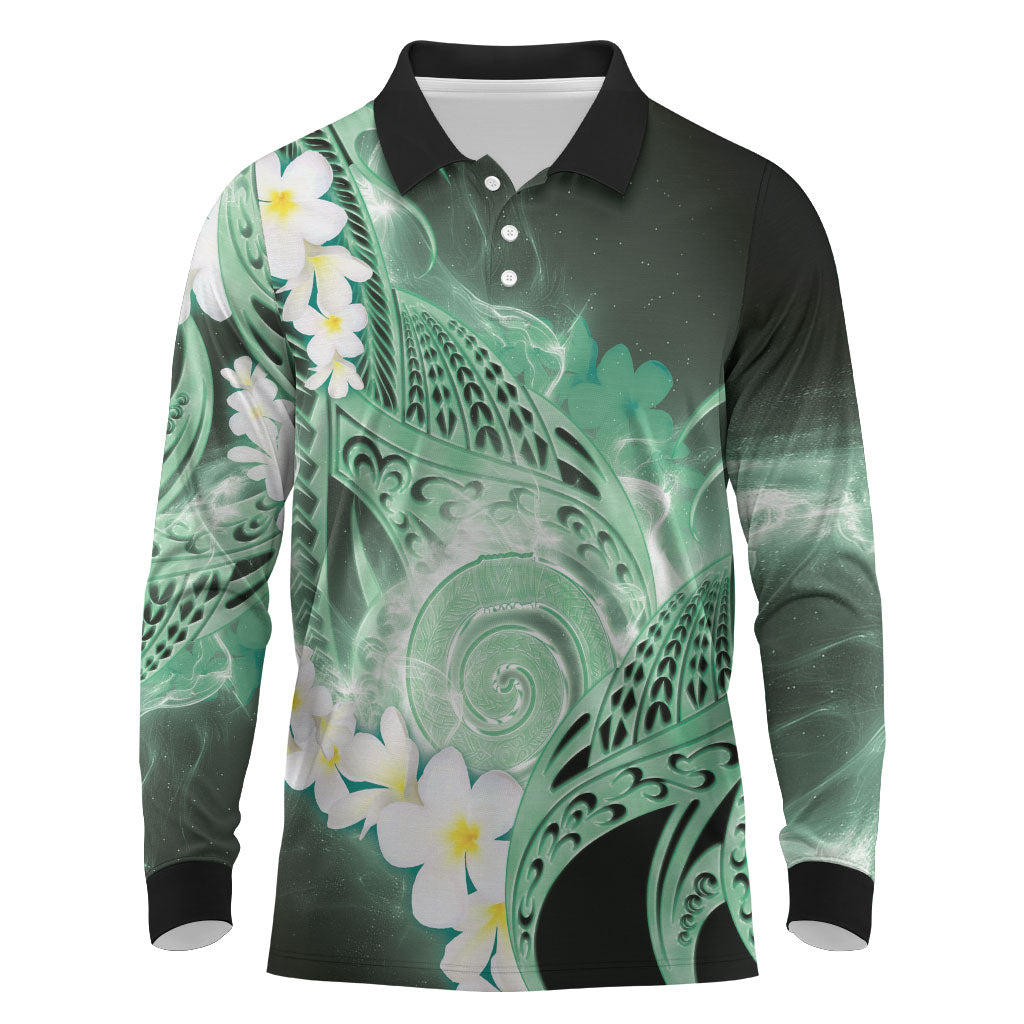 Piko Hawaiian Long Sleeve Polo Shirt Green Galaxy Spiral Plumeria Tribal Patterns DT05 Green - Polynesian Pride