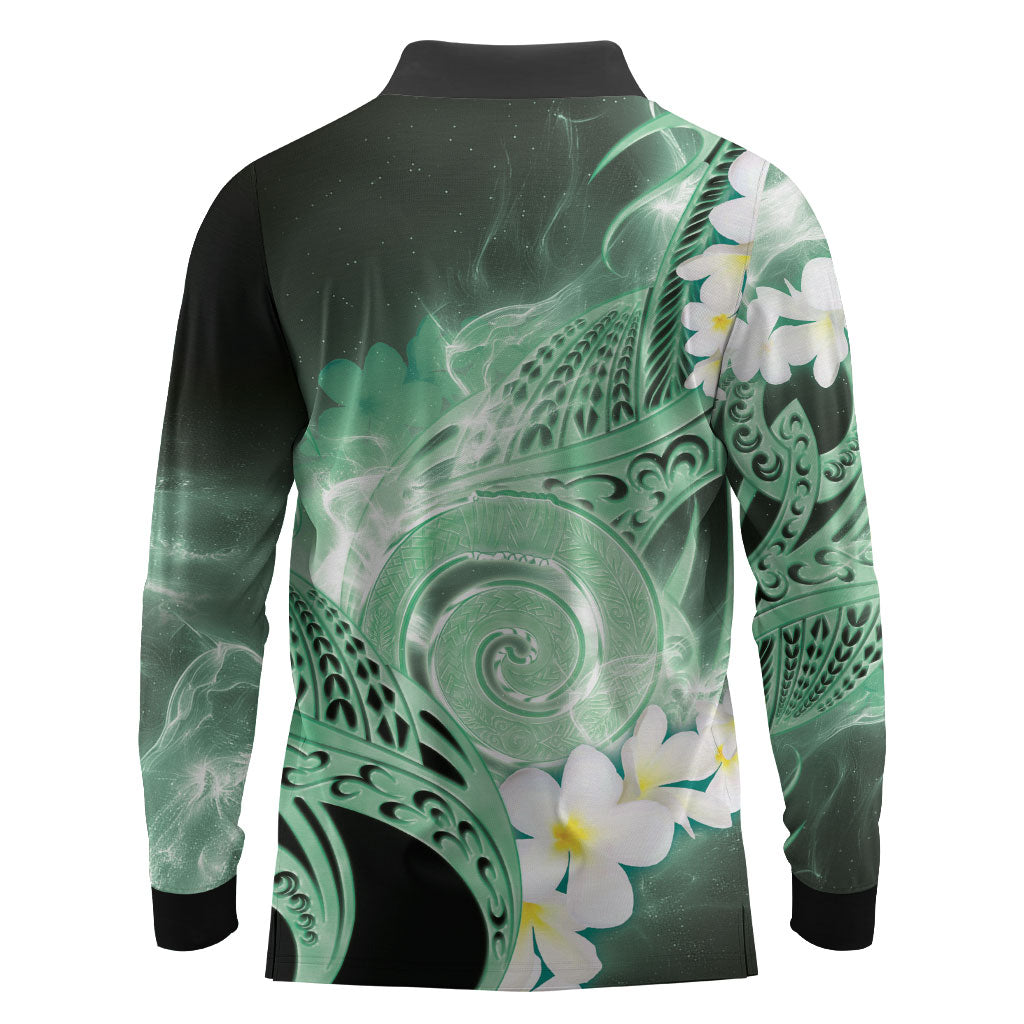 Piko Hawaiian Long Sleeve Polo Shirt Green Galaxy Spiral Plumeria Tribal Patterns DT05 - Polynesian Pride
