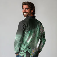 Piko Hawaiian Long Sleeve Polo Shirt Green Galaxy Spiral Plumeria Tribal Patterns DT05 - Polynesian Pride