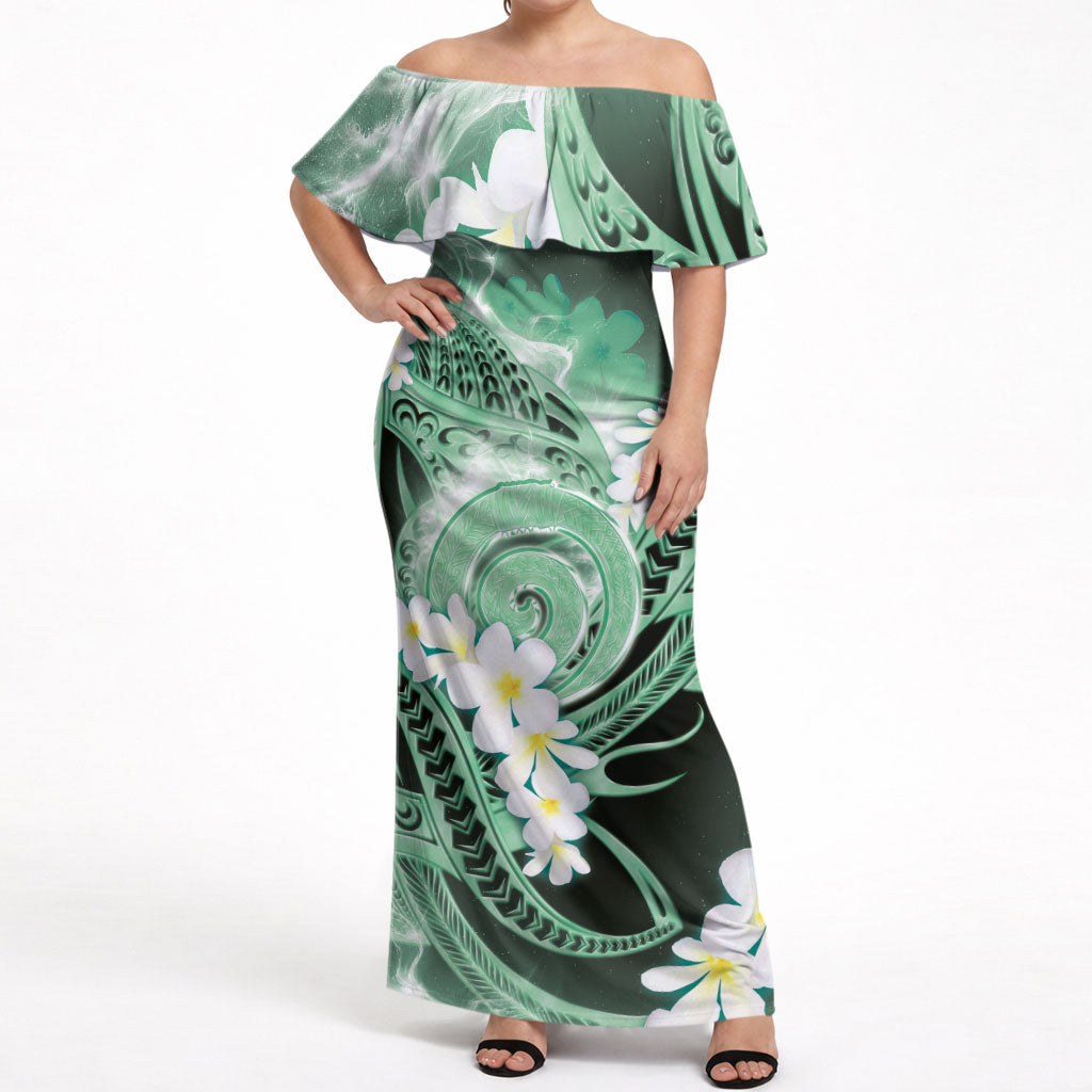 Piko Hawaiian Off Shoulder Maxi Dress Green Galaxy Spiral Plumeria Tribal Patterns DT05 Women Green - Polynesian Pride