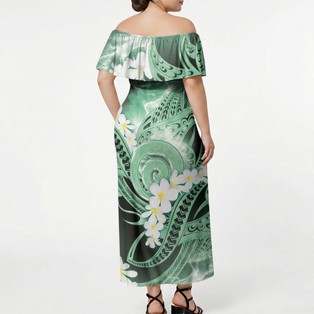 Piko Hawaiian Off Shoulder Maxi Dress Green Galaxy Spiral Plumeria Tribal Patterns DT05 - Polynesian Pride