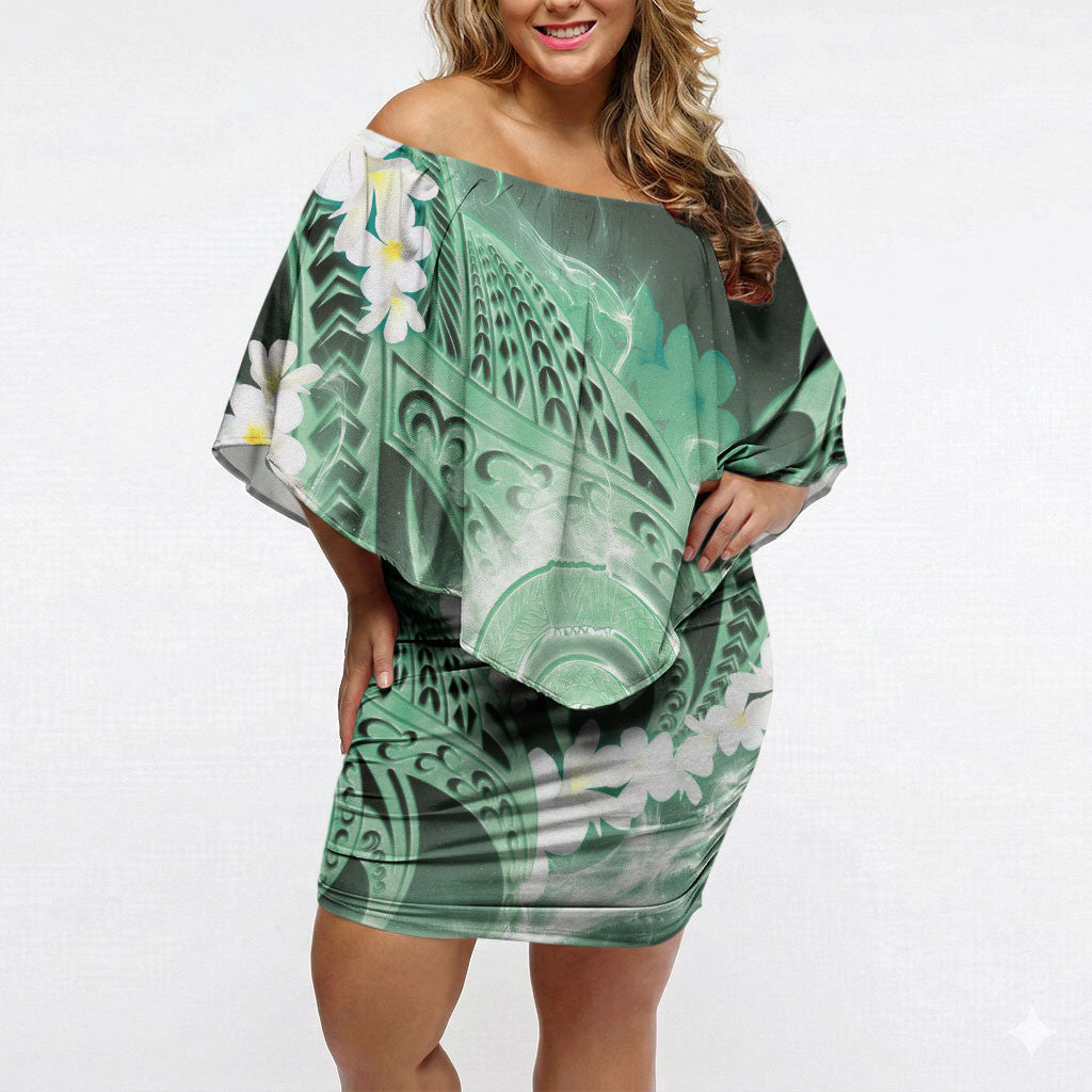 Piko Hawaiian Off Shoulder Short Dress Green Galaxy Spiral Plumeria Tribal Patterns DT05 Women Green - Polynesian Pride