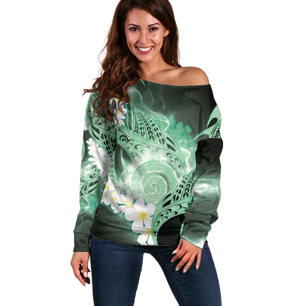 Piko Hawaiian Off Shoulder Sweater Green Galaxy Spiral Plumeria Tribal Patterns DT05 Women Green - Polynesian Pride