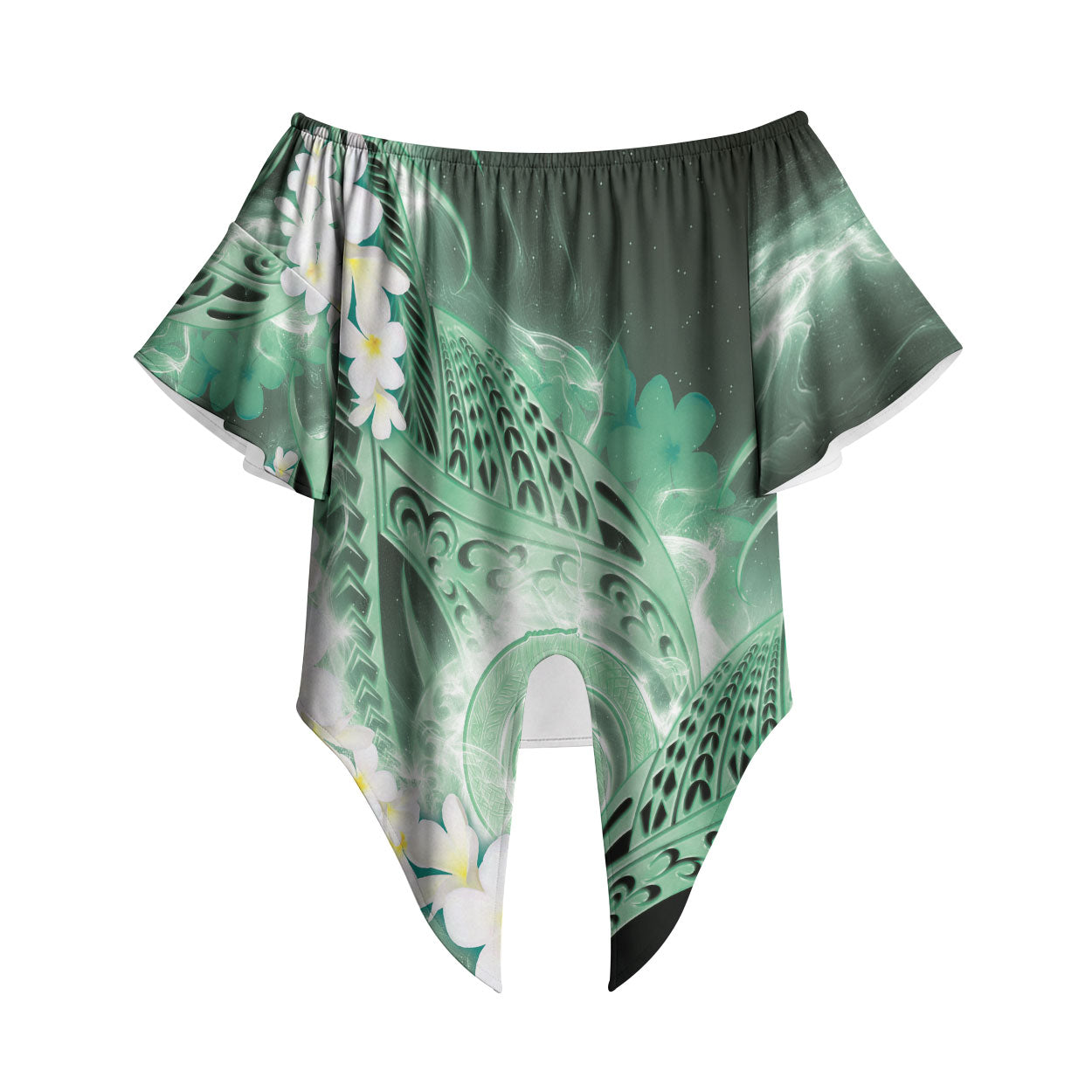 Piko Hawaiian Off Shoulder Wrap Waist Top Green Galaxy Spiral Plumeria Tribal Patterns DT05 Green - Polynesian Pride