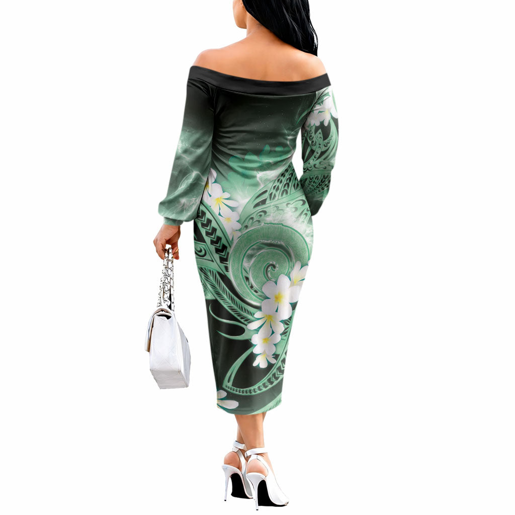 Piko Hawaiian Off The Shoulder Long Sleeve Dress Green Galaxy Spiral Plumeria Tribal Patterns DT05 - Polynesian Pride