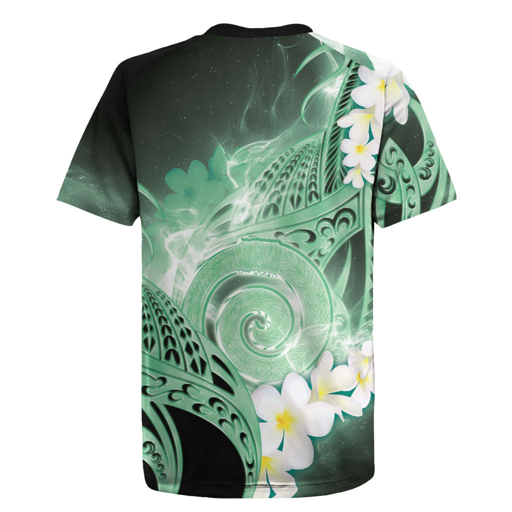 Piko Hawaiian Rugby Jersey Green Galaxy Spiral Plumeria Tribal Patterns DT05 - Polynesian Pride
