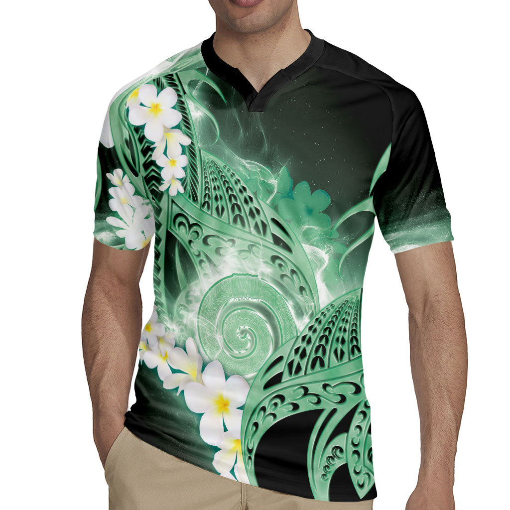 Piko Hawaiian Rugby Jersey Green Galaxy Spiral Plumeria Tribal Patterns DT05 - Polynesian Pride