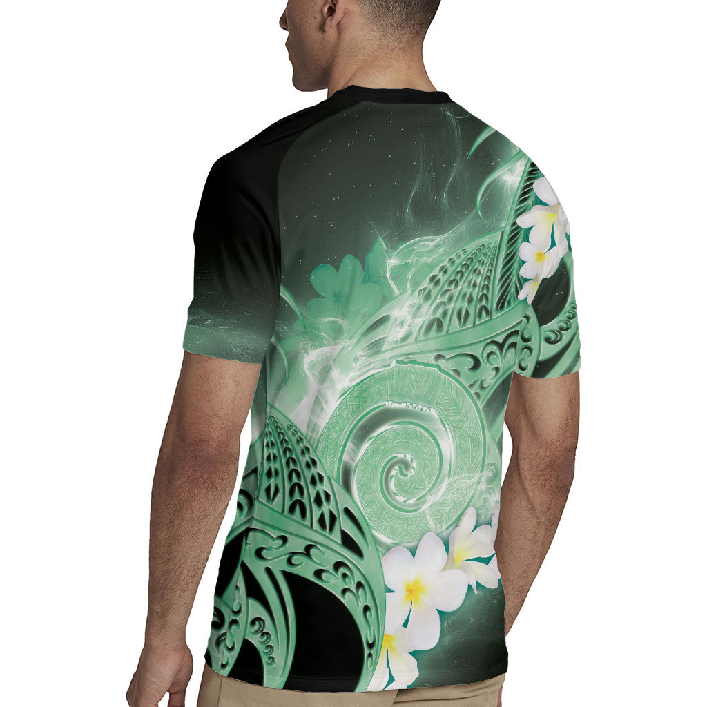 Piko Hawaiian Rugby Jersey Green Galaxy Spiral Plumeria Tribal Patterns DT05 - Polynesian Pride