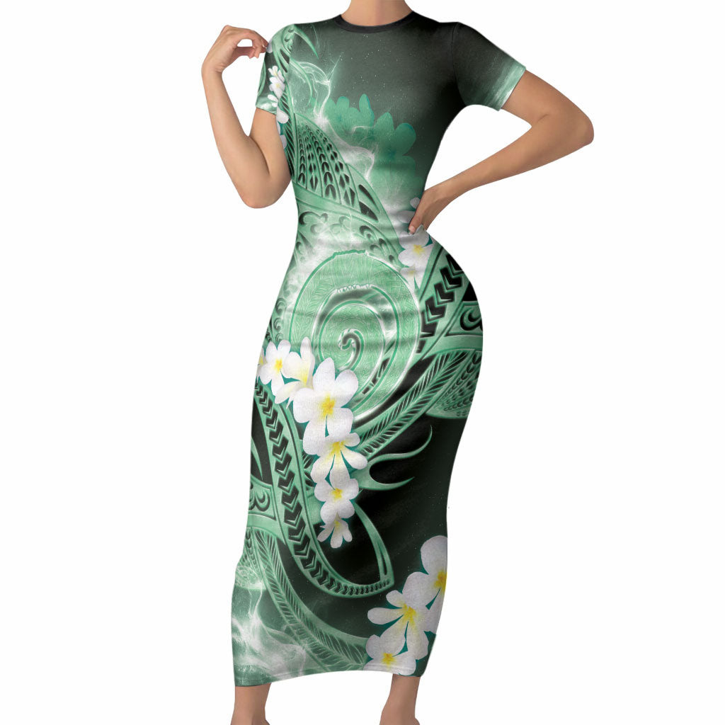 Piko Hawaiian Short Sleeve Bodycon Dress Green Galaxy Spiral Plumeria Tribal Patterns DT05 Long Dress Green - Polynesian Pride