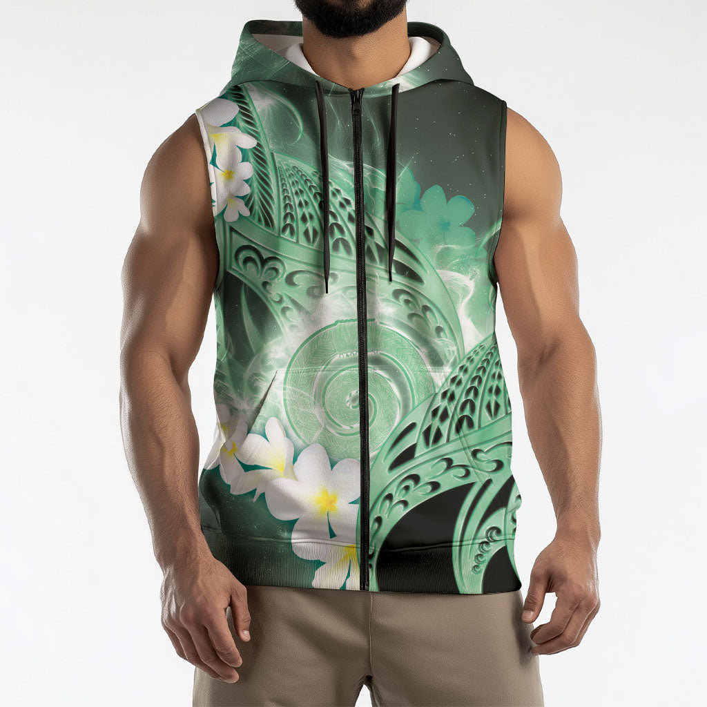Piko Hawaiian Sleeveless Zip Hoodie Green Galaxy Spiral Plumeria Tribal Patterns DT05 - Polynesian Pride