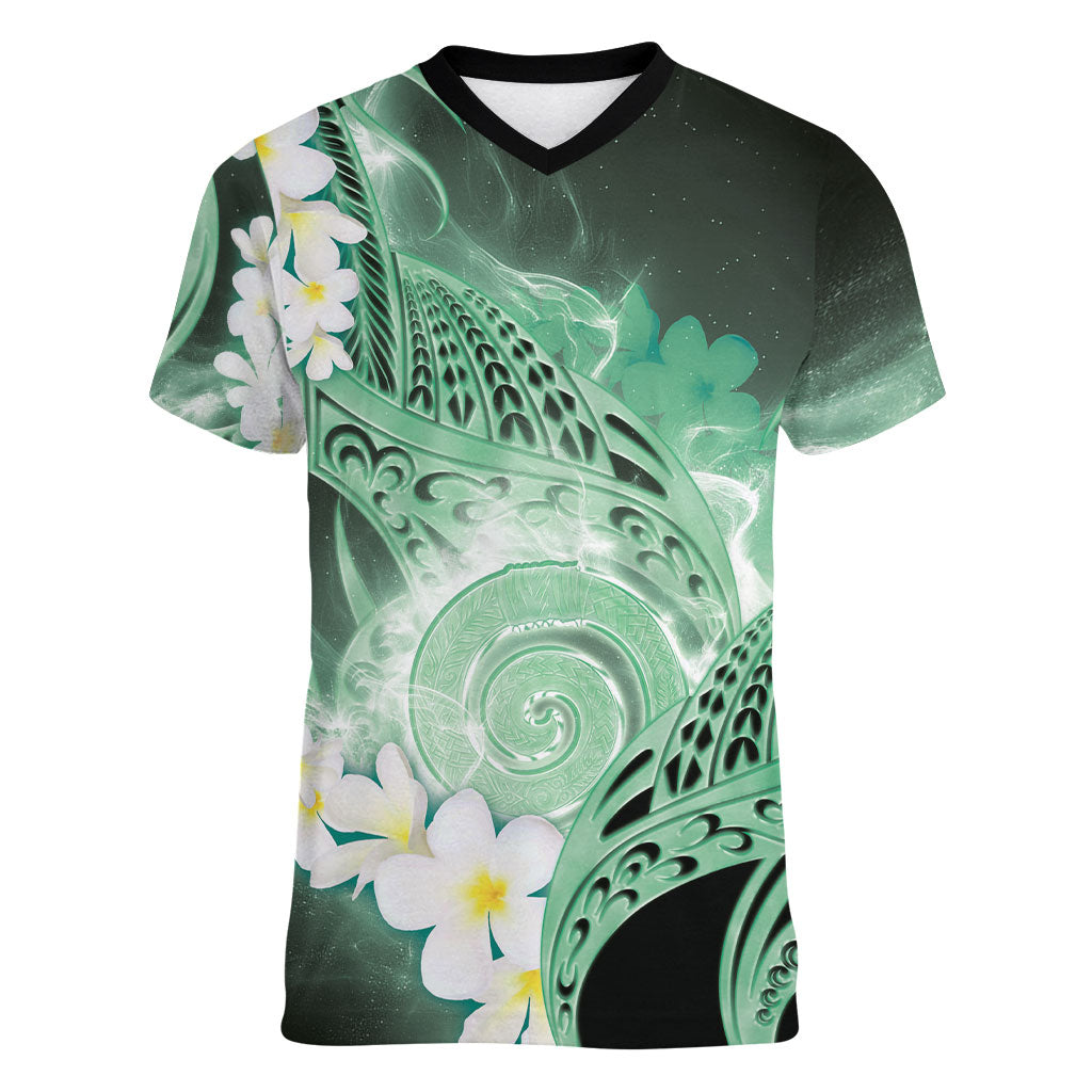 Piko Hawaiian Women V-Neck T-Shirt Green Galaxy Spiral Plumeria Tribal Patterns DT05 Female Green - Polynesian Pride
