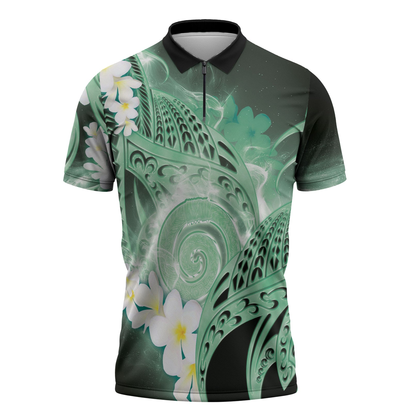 Piko Hawaiian Zipper Polo Shirt Green Galaxy Spiral Plumeria Tribal Patterns DT05 Green - Polynesian Pride