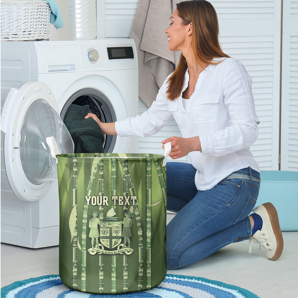 Personalised Fiji Language Week Sugarcane Masi Laundry Basket Green Tapa Tribal Pattern DT05 - Polynesian Pride
