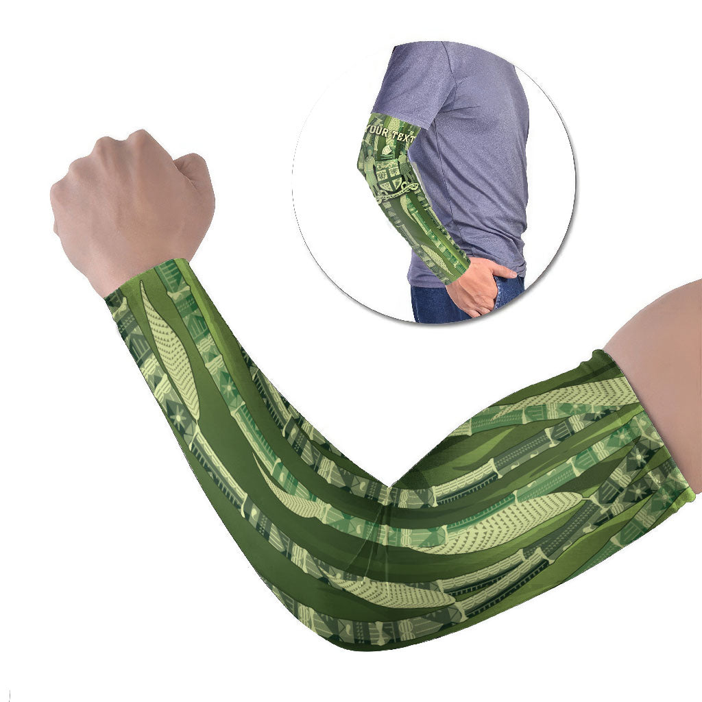 Personalised Fiji Language Week Sugarcane Masi Arm Sleeves Green Tapa Tribal Pattern DT05 Set of 2 Green - Polynesian Pride