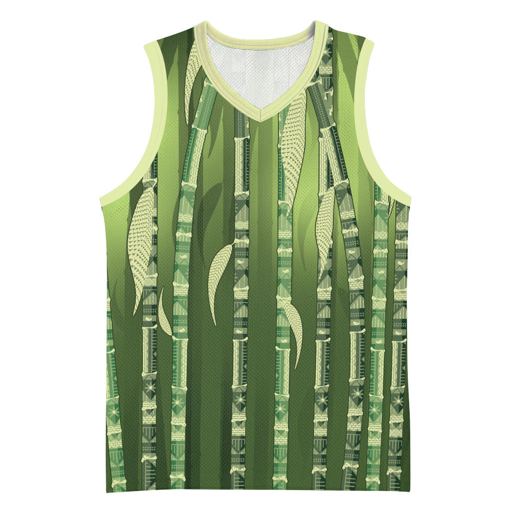 Personalised Fiji Language Week Sugarcane Masi Basketball Jersey Green Tapa Tribal Pattern DT05 Unisex Green - Polynesian Pride