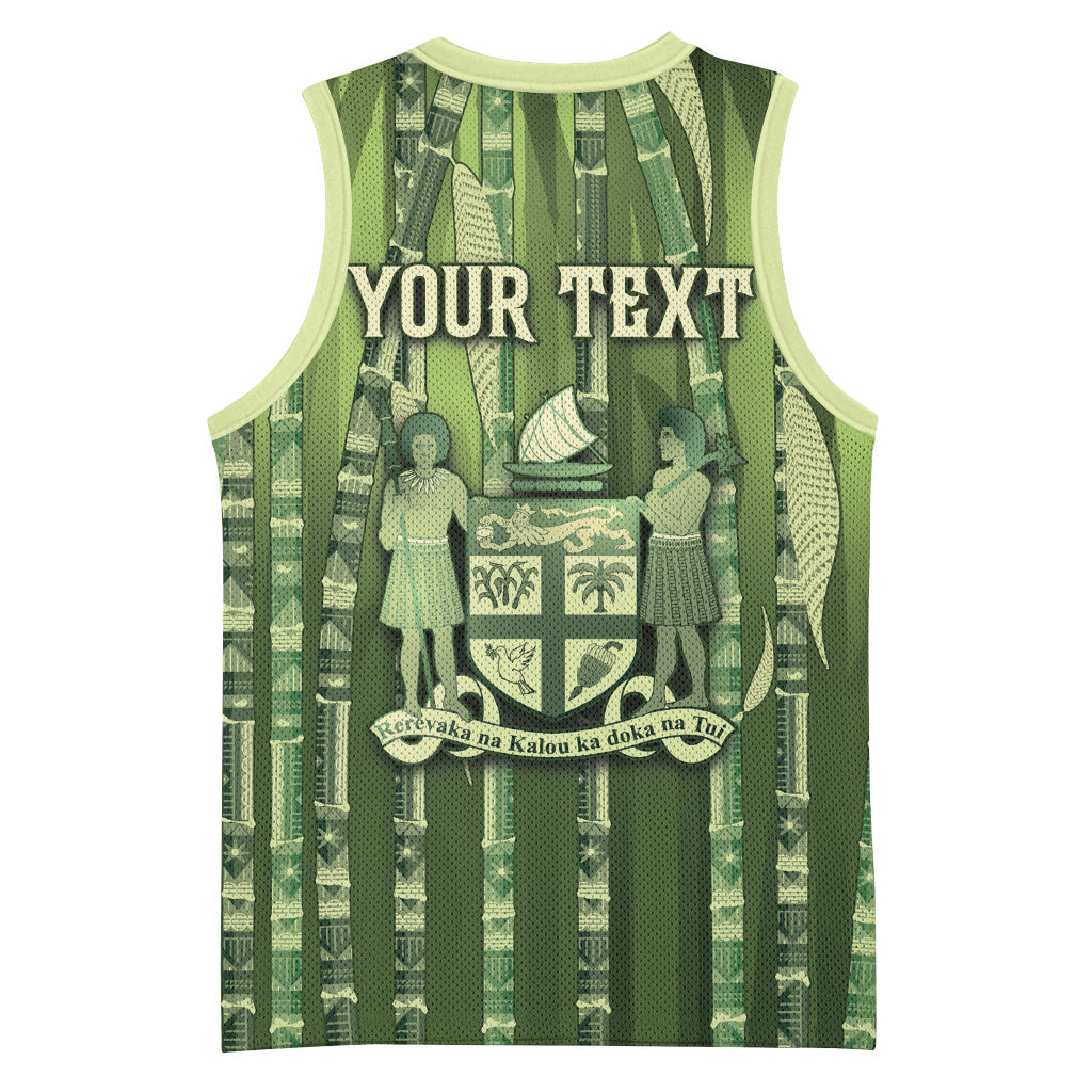 Personalised Fiji Language Week Sugarcane Masi Basketball Jersey Green Tapa Tribal Pattern DT05 - Polynesian Pride