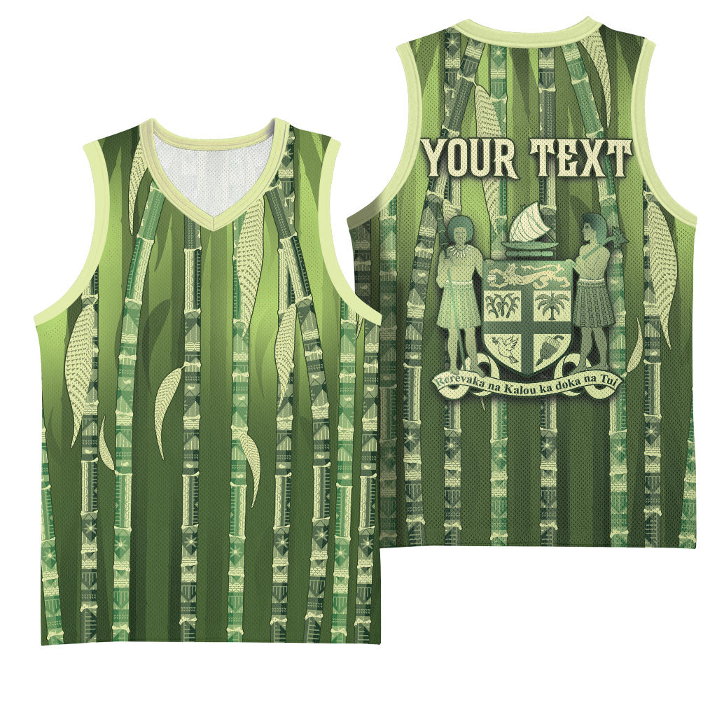 Personalised Fiji Language Week Sugarcane Masi Basketball Jersey Green Tapa Tribal Pattern DT05 - Polynesian Pride
