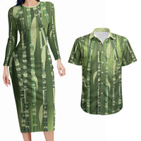 Personalised Fiji Language Week Sugarcane Masi Couples Matching Long Sleeve Bodycon Dress and Hawaiian Shirt Green Tapa Tribal Pattern DT05 Green - Polynesian Pride