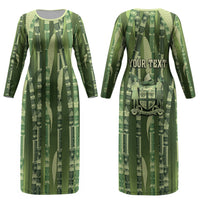 Personalised Fiji Language Week Sugarcane Masi Couples Matching Long Sleeve Bodycon Dress and Long Sleeve Button Shirt Green Tapa Tribal Pattern DT05 - Polynesian Pride