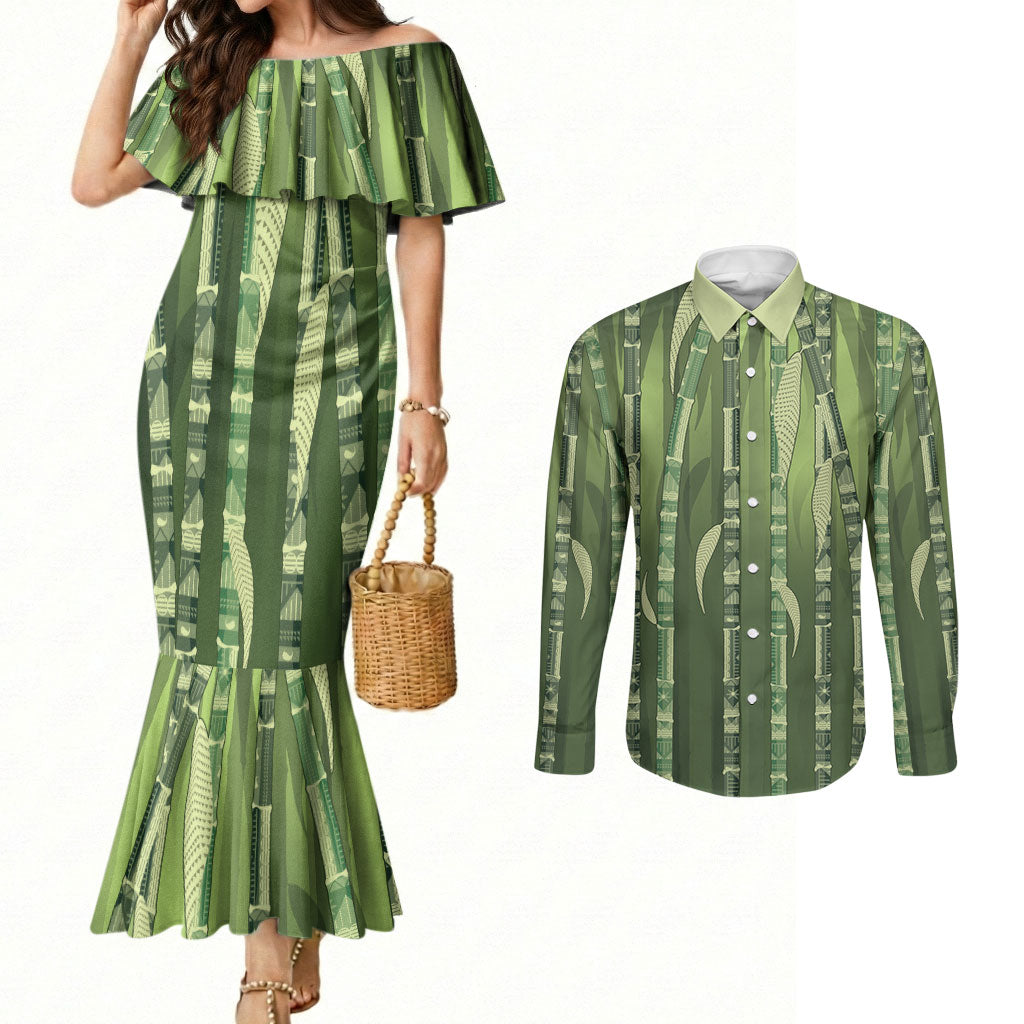 Personalised Fiji Language Week Sugarcane Masi Couples Matching Mermaid Dress and Long Sleeve Button Shirt Green Tapa Tribal Pattern DT05 Green - Polynesian Pride