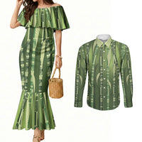 Personalised Fiji Language Week Sugarcane Masi Couples Matching Mermaid Dress and Long Sleeve Button Shirt Green Tapa Tribal Pattern DT05 Green - Polynesian Pride