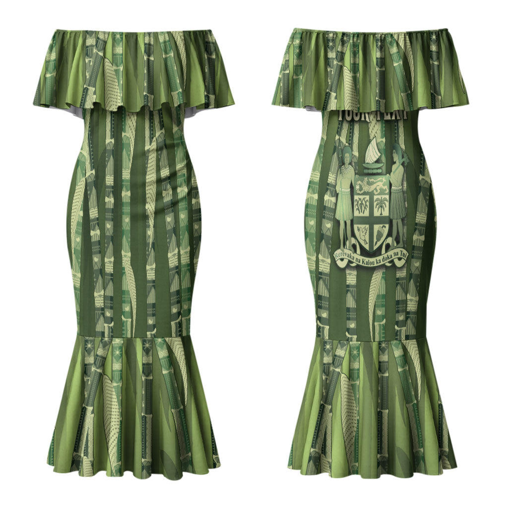 Personalised Fiji Language Week Sugarcane Masi Couples Matching Mermaid Dress and Long Sleeve Button Shirt Green Tapa Tribal Pattern DT05 - Polynesian Pride
