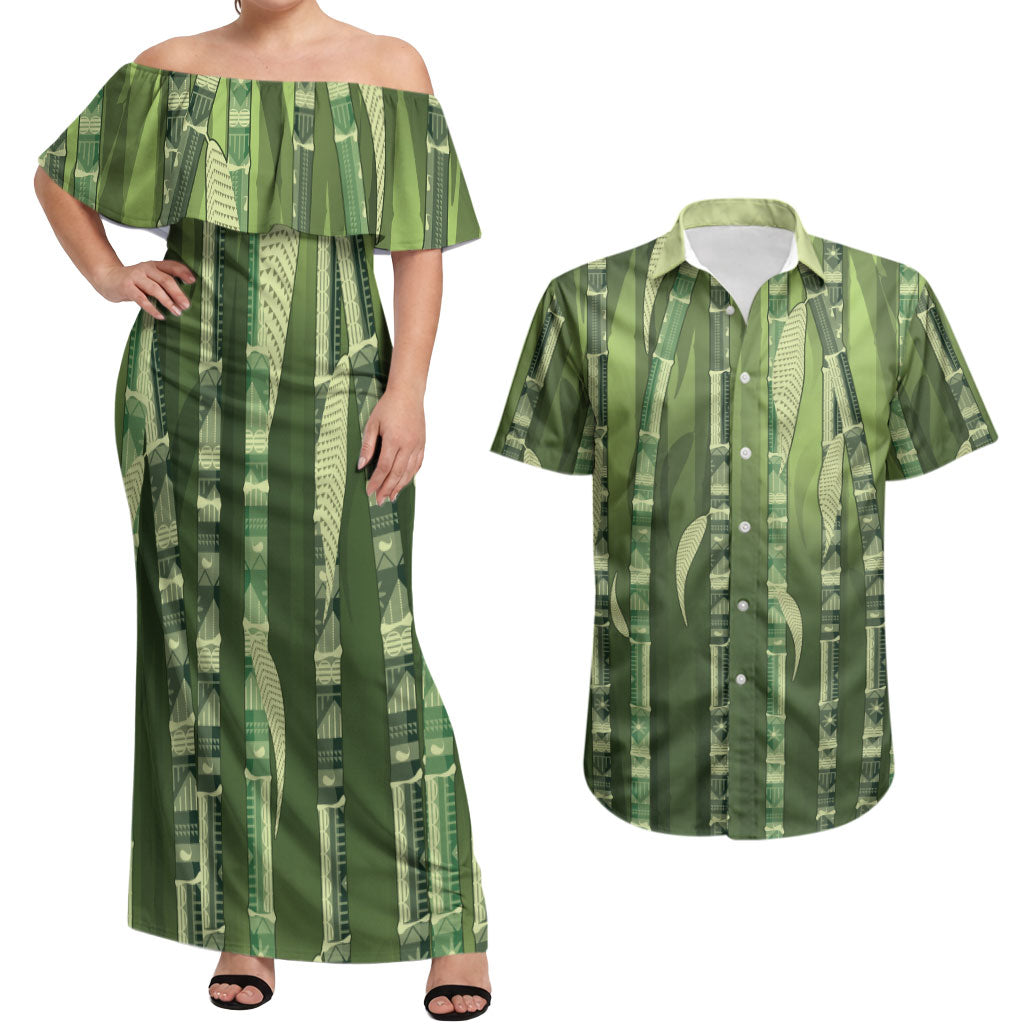 Personalised Fiji Language Week Sugarcane Masi Couples Matching Off Shoulder Maxi Dress and Hawaiian Shirt Green Tapa Tribal Pattern DT05 Green - Polynesian Pride