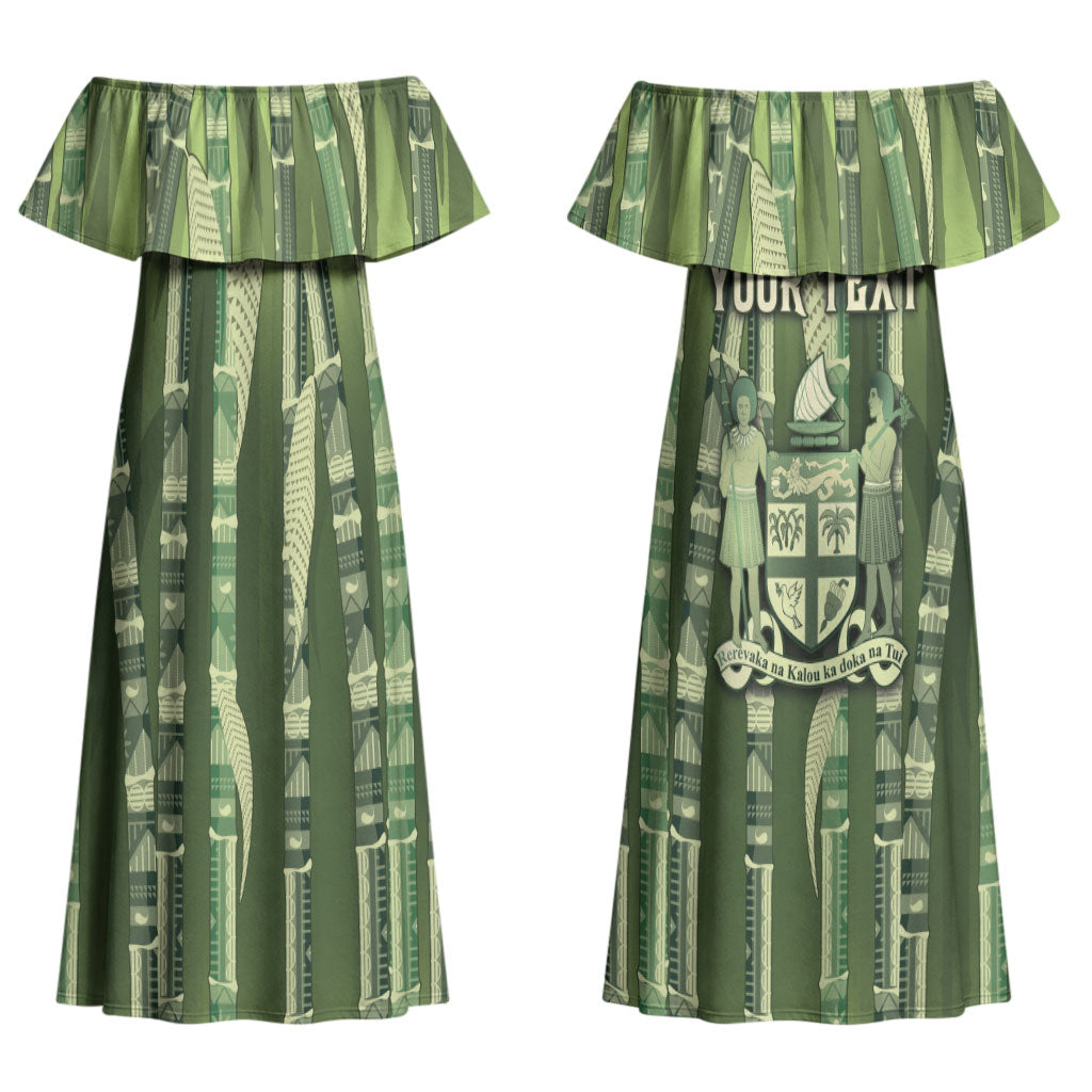 Personalised Fiji Language Week Sugarcane Masi Couples Matching Off Shoulder Maxi Dress and Hawaiian Shirt Green Tapa Tribal Pattern DT05 - Polynesian Pride