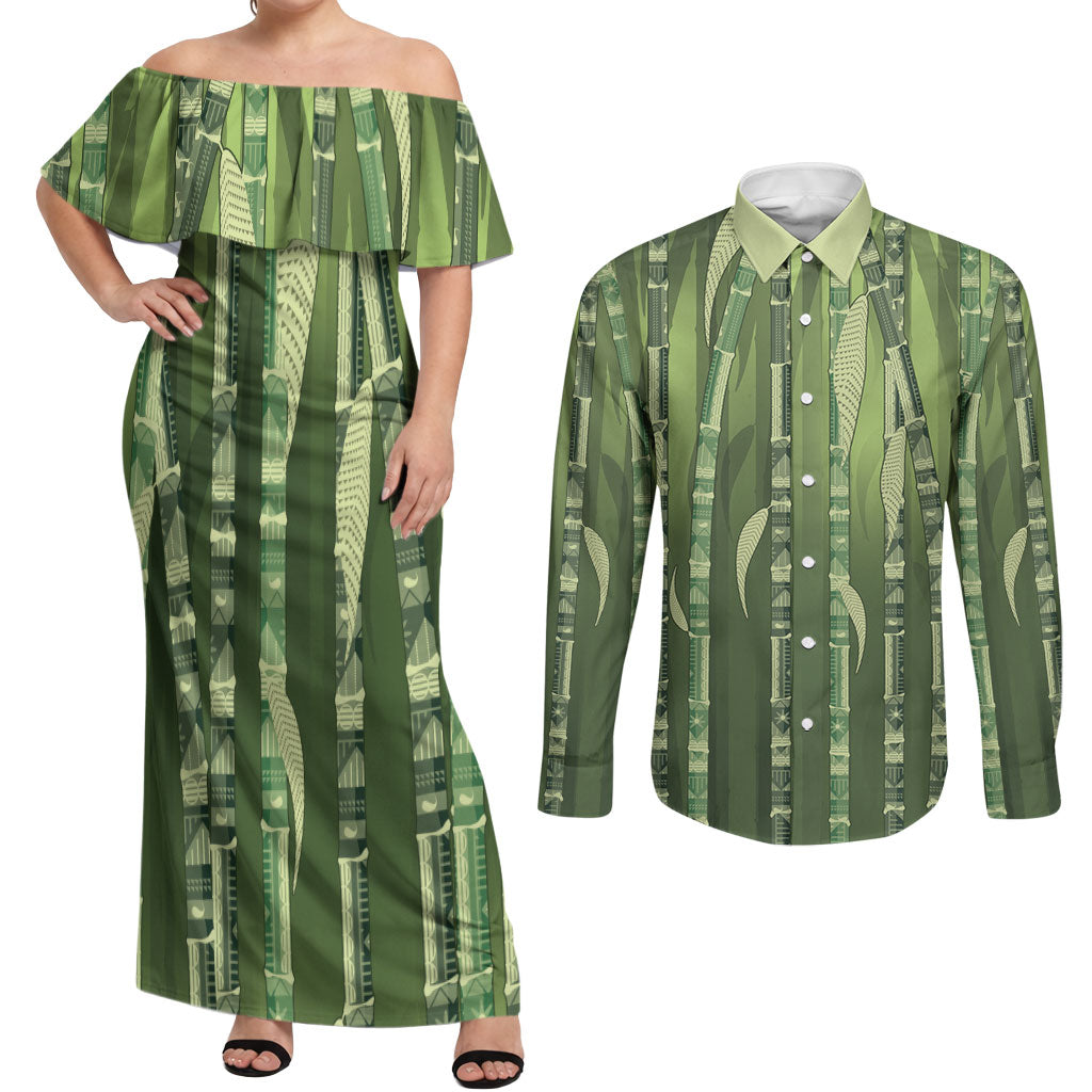 Personalised Fiji Language Week Sugarcane Masi Couples Matching Off Shoulder Maxi Dress and Long Sleeve Button Shirt Green Tapa Tribal Pattern DT05 Green - Polynesian Pride