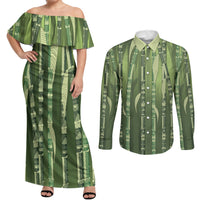 Personalised Fiji Language Week Sugarcane Masi Couples Matching Off Shoulder Maxi Dress and Long Sleeve Button Shirt Green Tapa Tribal Pattern DT05 Green - Polynesian Pride