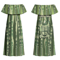 Personalised Fiji Language Week Sugarcane Masi Couples Matching Off Shoulder Maxi Dress and Long Sleeve Button Shirt Green Tapa Tribal Pattern DT05 - Polynesian Pride