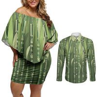 Personalised Fiji Language Week Sugarcane Masi Couples Matching Off Shoulder Short Dress and Long Sleeve Button Shirt Green Tapa Tribal Pattern DT05 Green - Polynesian Pride