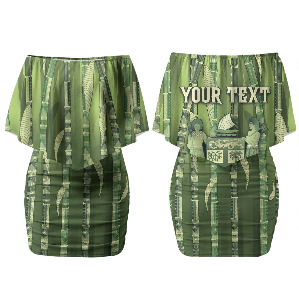 Personalised Fiji Language Week Sugarcane Masi Couples Matching Off Shoulder Short Dress and Long Sleeve Button Shirt Green Tapa Tribal Pattern DT05 - Polynesian Pride
