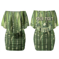 Personalised Fiji Language Week Sugarcane Masi Couples Matching Off Shoulder Short Dress and Long Sleeve Button Shirt Green Tapa Tribal Pattern DT05 - Polynesian Pride