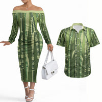 Personalised Fiji Language Week Sugarcane Masi Couples Matching Off The Shoulder Long Sleeve Dress and Hawaiian Shirt Green Tapa Tribal Pattern DT05 Green - Polynesian Pride