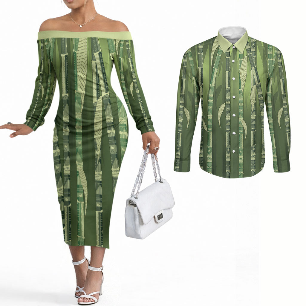 Personalised Fiji Language Week Sugarcane Masi Couples Matching Off The Shoulder Long Sleeve Dress and Long Sleeve Button Shirt Green Tapa Tribal Pattern DT05 Green - Polynesian Pride