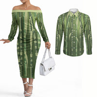 Personalised Fiji Language Week Sugarcane Masi Couples Matching Off The Shoulder Long Sleeve Dress and Long Sleeve Button Shirt Green Tapa Tribal Pattern DT05 Green - Polynesian Pride